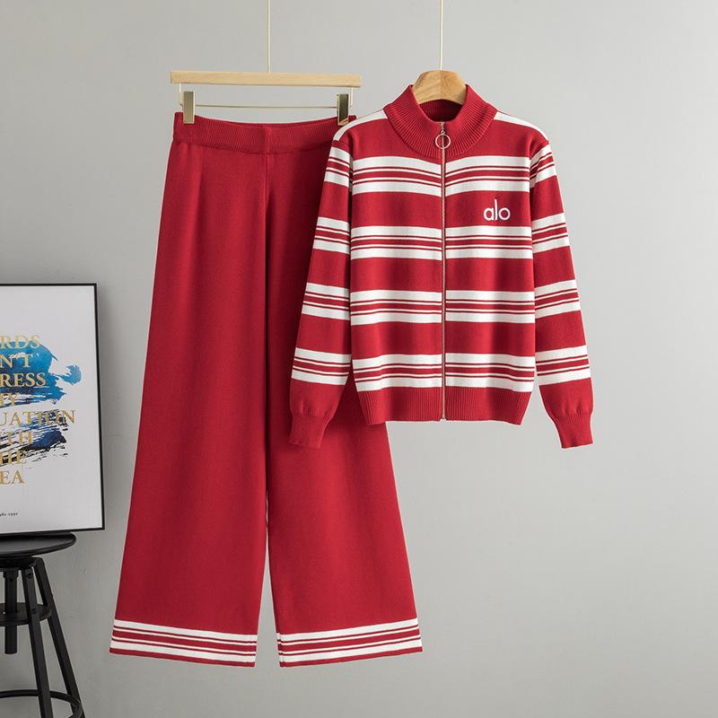 

Women s Striped Zipper Knit Cardigan Suit - Spring/Autumn Versatile Stand Collar Fashion Set One Size