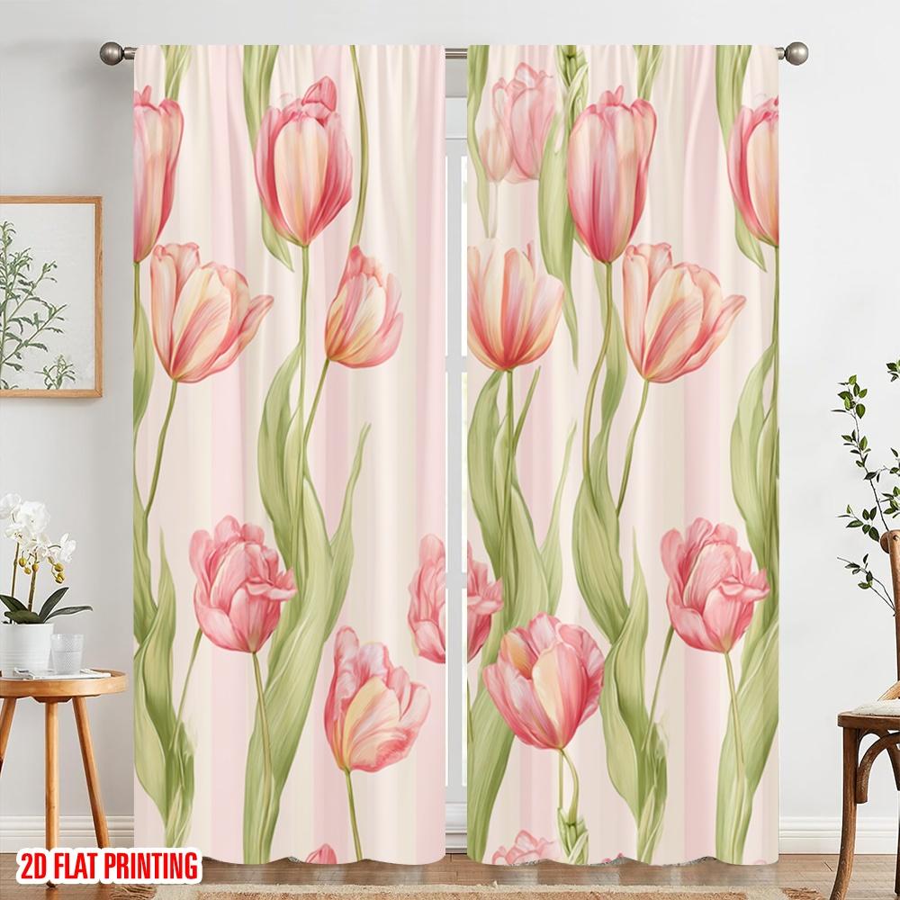 2pcs,2D Plane Printing Curtain Popular Vertical Tulip Stripes Versatile Polyester Fabric (without Rod) Room Decor Perfect for