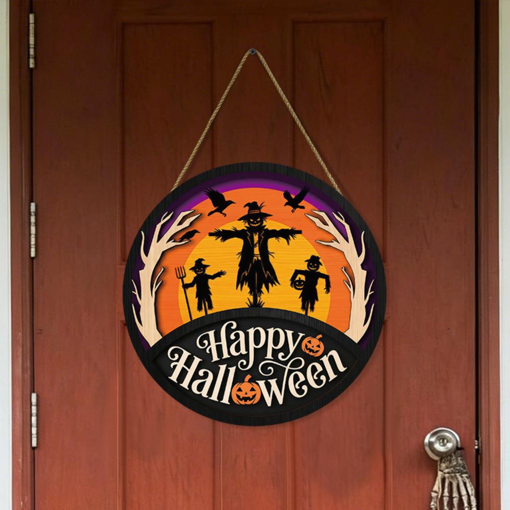 Wooden Halloween Hanging Sign Wall Decoration Scarecrow Pumpkin Design Party Festival Indoor Outdoor Hanging Ornament