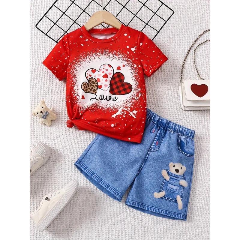 Girls Summer Cartoon Print Suit Without Pockets Fake Denim Shorts T-shirt Top Two-piece Set