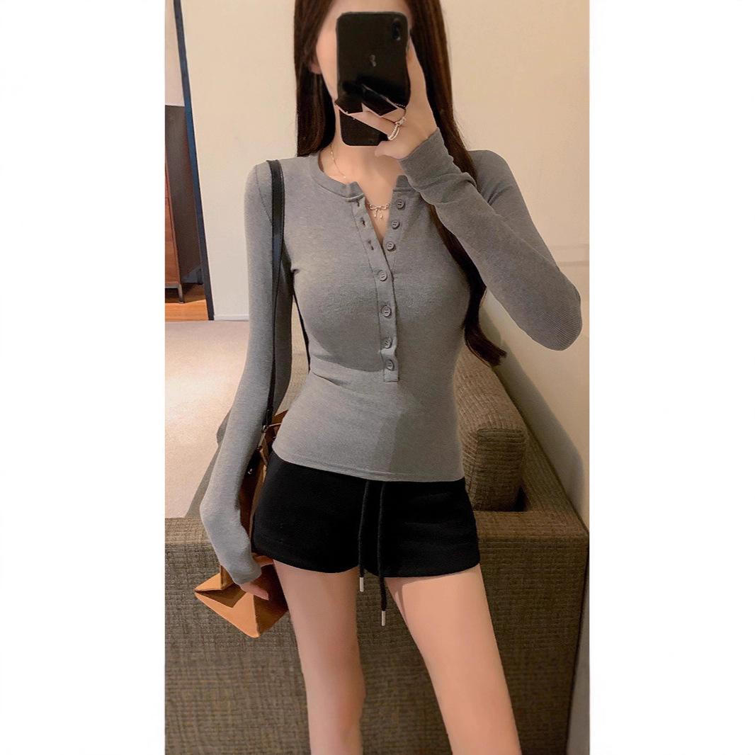 Women s Long Sleeved T-shirt Slim Fit T-shirt Top Autumn New Slim Fit Bottom Top S серый