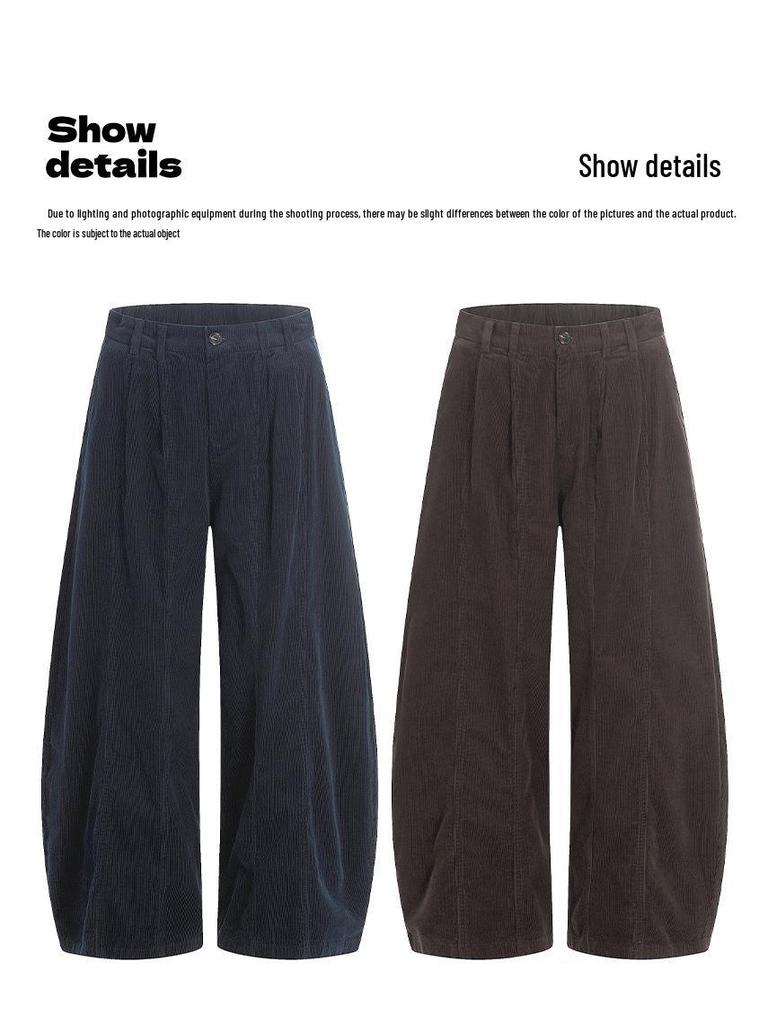 Yongfang Unisex Retro Corduroy Wide-Leg Pants - Autumn/Winter Loose Street Style with Trendy Pleats and Scissor-Cut Design