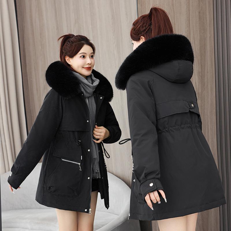 Women's new mid-length fur collar hooded cold lightweight thickened padded warm loose high quality fabric casual sports cotton clothing
