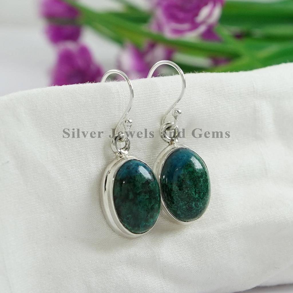 Oval Chrysocolla Earrings: Handmade 925 Sterling Silver Green Gemstone Earring