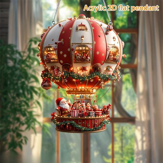 Christmas Hot Air Balloon Ornaments 2D Acrylic Xmas Tree Pendant Cartoon Santa In Hot Air Balloon Hanging Decoration for Trees Doors Windows Decor