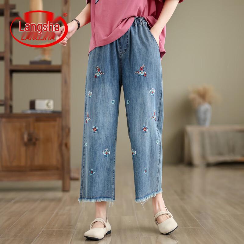 Langsha Women s Retro Embroidered Denim Capris L