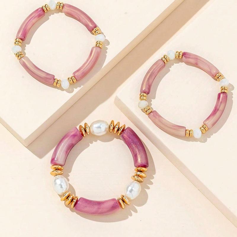 3PCS Set Vintage Design Resin Elastic Bracelet Blue Bamboo Gold Color Spacer Pearl Bracelet Pink Green Coffee Color Option