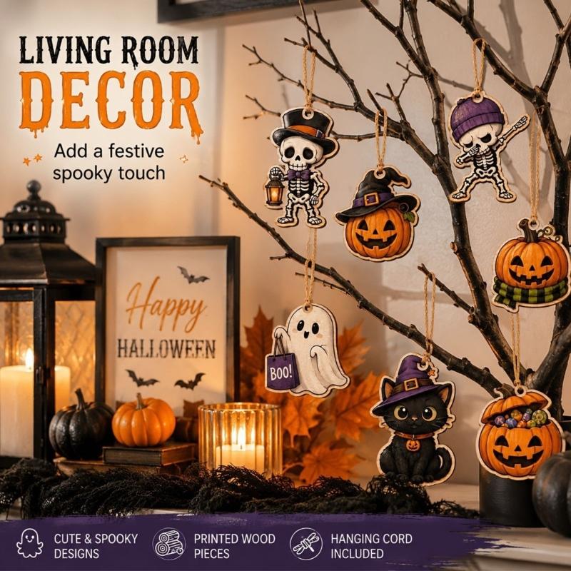 Seasonal Hanging Sign Set for Halloween, 10 Wood Character Cutouts with String Hangers for Entry Area, Room Styling, and Party Display