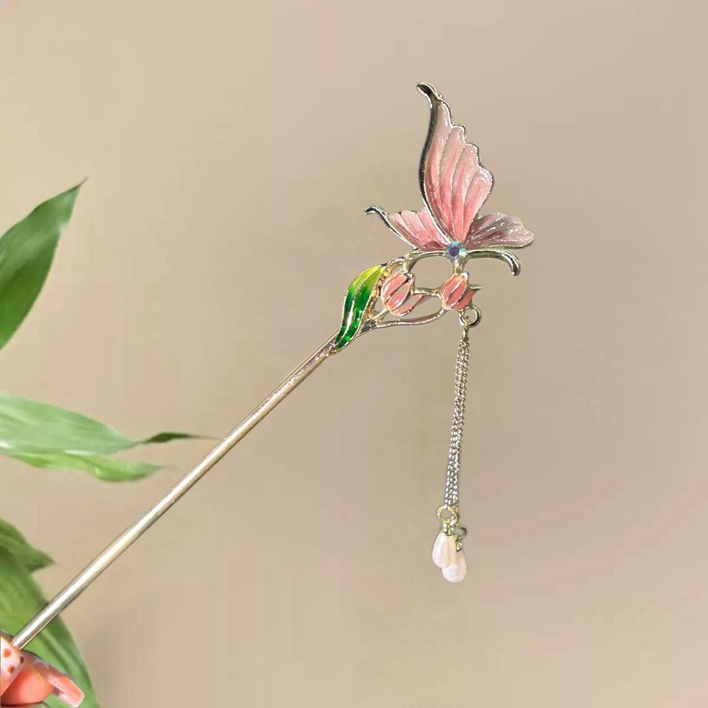 Rosa Blume Haarstäbe Gabeln Retro Chinesischer Stil Legierung Haarnadeln Seitenclips Kette Quaste Perlen Anhänger Dekor Frauen Haarschmuck