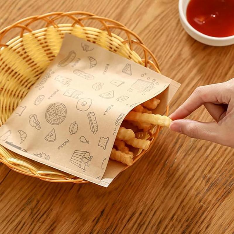 50PCS Disposable Kraft Paper Greaseproof Paper Bags Food Packaging Bag Barbecue Burrito Pancakes Pancakes Meat Buns Snack Bag