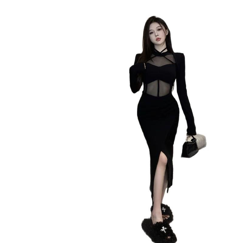 Pure desire Spice Girl mesh splicing long-sleeved dress women's early autumn new split-ended sexy medium and long hip-wrapped dress