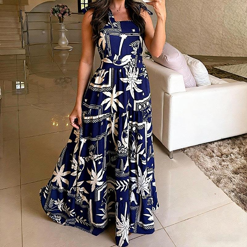 New European and American women s clothing fashion popular printing suspender long dress vacation S синий