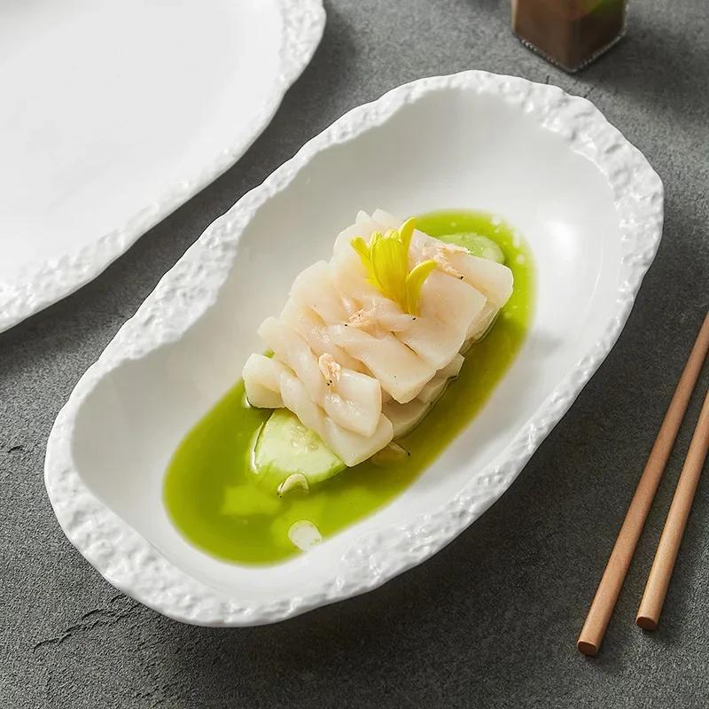 Creative Stone Pattern Edge Ceramic Plate Pure White Salad Plate Dessert Plate Thick Soup Plates Deep Plates Hotel Tableware