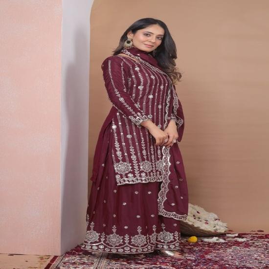 Royal Wine Embroidered Sharara Set with Scalloped Dupatta S