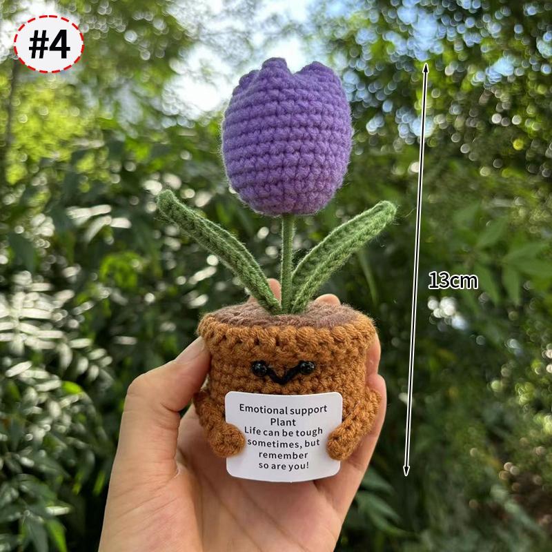 Handmade Crochet Flower Sunflower Potted Knitted Wool Ornament Auto Interior Funny Stress Relieving Decor With Positive Card