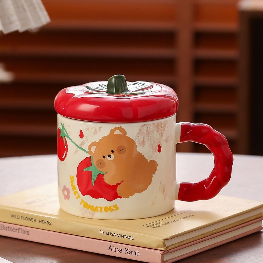 Cute Tomato Mug with Lid Creative Souvenir Gift Water Cup for Girls High Looking Ceramic Cup Breakfast Milk Cup