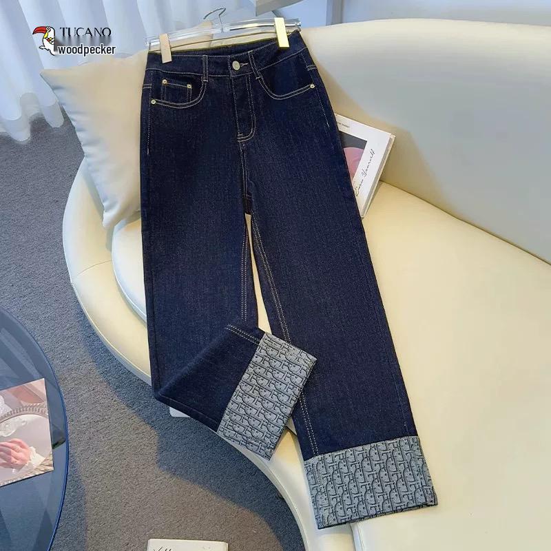 2025 Woodpecker Women's Narrow Leg Cropped Cigarette Jeans with Rolled Hem and Turn-Up Design