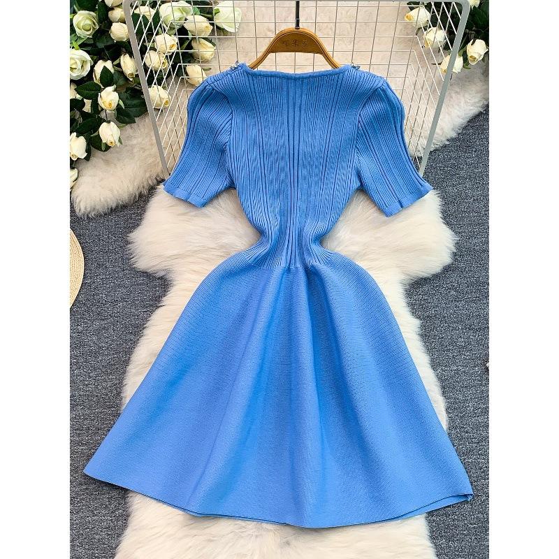 Small daughter gold feeling heavy industry diamond-encrusted sequined round neck dress women's summer elastic knitted thin puffy short skirt