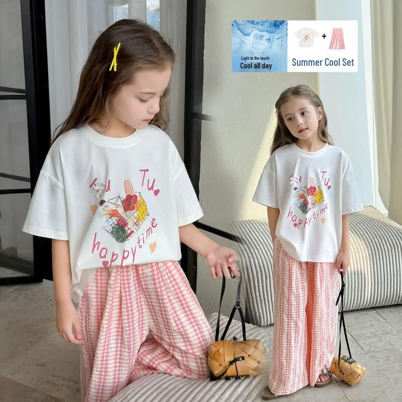 Tutuxiaoxiang Girls Cartoon Print T-Shirt & Wide-Leg Pants Set 150 розовый