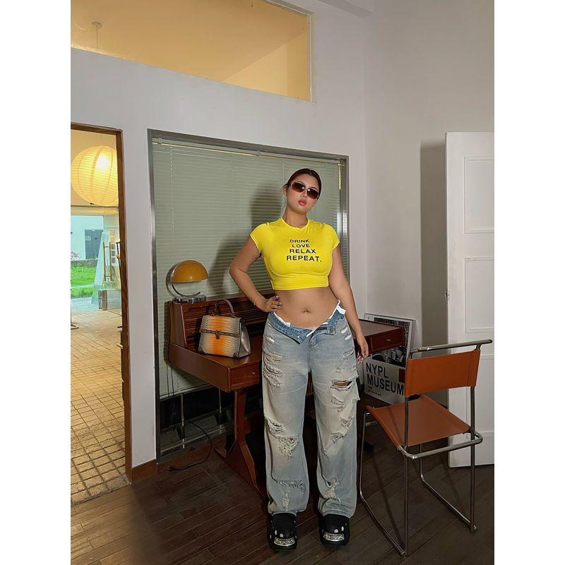 Brother Nan Loose-Fit Beggar Ripped Denim Female Plus Size Plus Size Ladies Summer New Arrival High Waist Loose Straight-leg Slimming Trousers