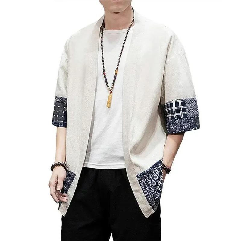 Men's Japanese Cardigan Loose Linen Sleeve Cardigan Casual Summer Shirt Jacket