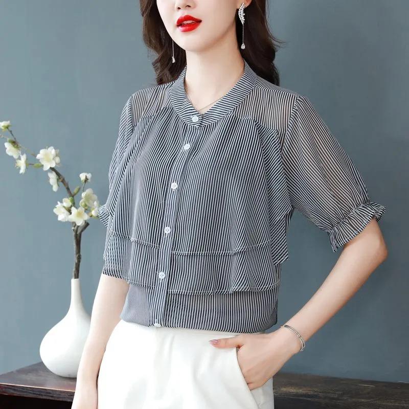 

Striped Printed Ruffled Chiffon Shirt Women s Summer New Fashion Age-Reducing Round Neck Shirt Versatile Short-Sleeved Shirt 3XL