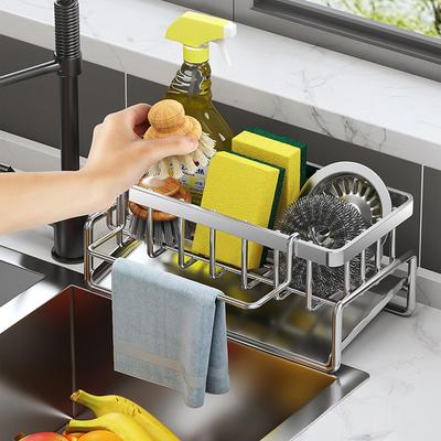 Stainless Steel Sink Caddy Sponge Holder Kitchen Cleaning Tool Organizer Dish Cloth Rack with Rod