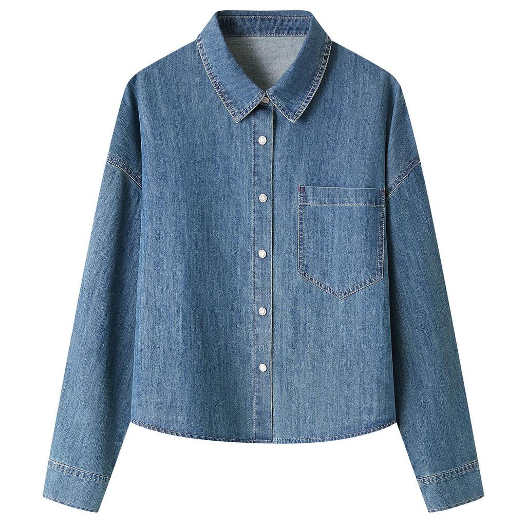 Women's Long Sleeve Denim Blue Shirt Jacket - Spring 2026 Retro British Style with Thickened Lapel