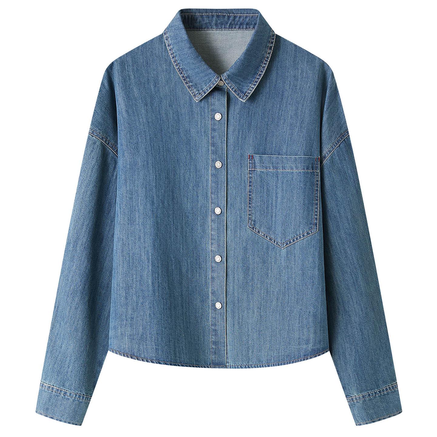 

Women s Long Sleeve Denim Blue Shirt Jacket - Spring 2026 Retro British Style with Thickened Lapel XL світло-синій колір