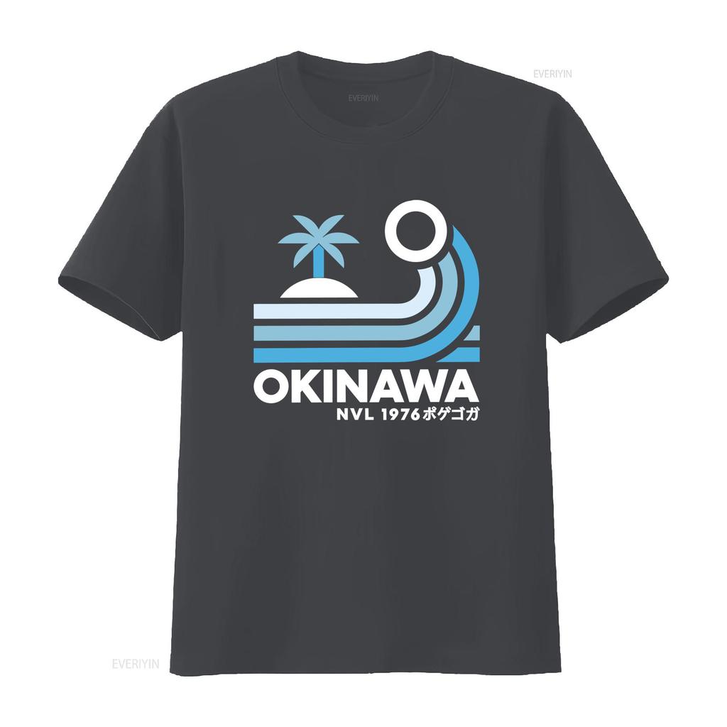 Mens Japan Okinawa Retro Style T Shirt with Palm Wave Design and Lettering Print Fashion Streetwear for Summer Vibes Vintage