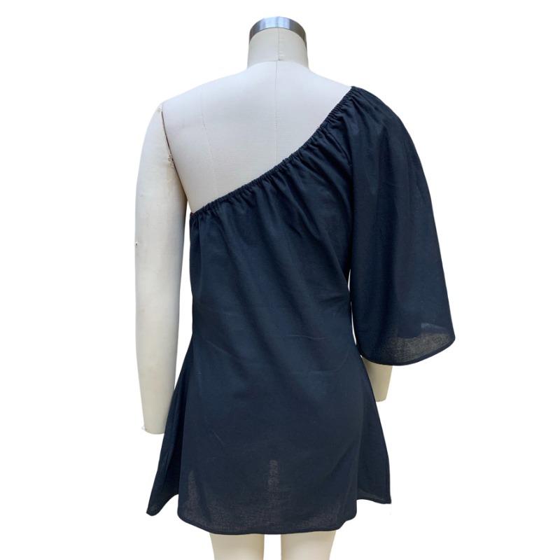 Summer Women's Dress Fashion Loose Thin Slant Shoulder Cotton Linen Dresses