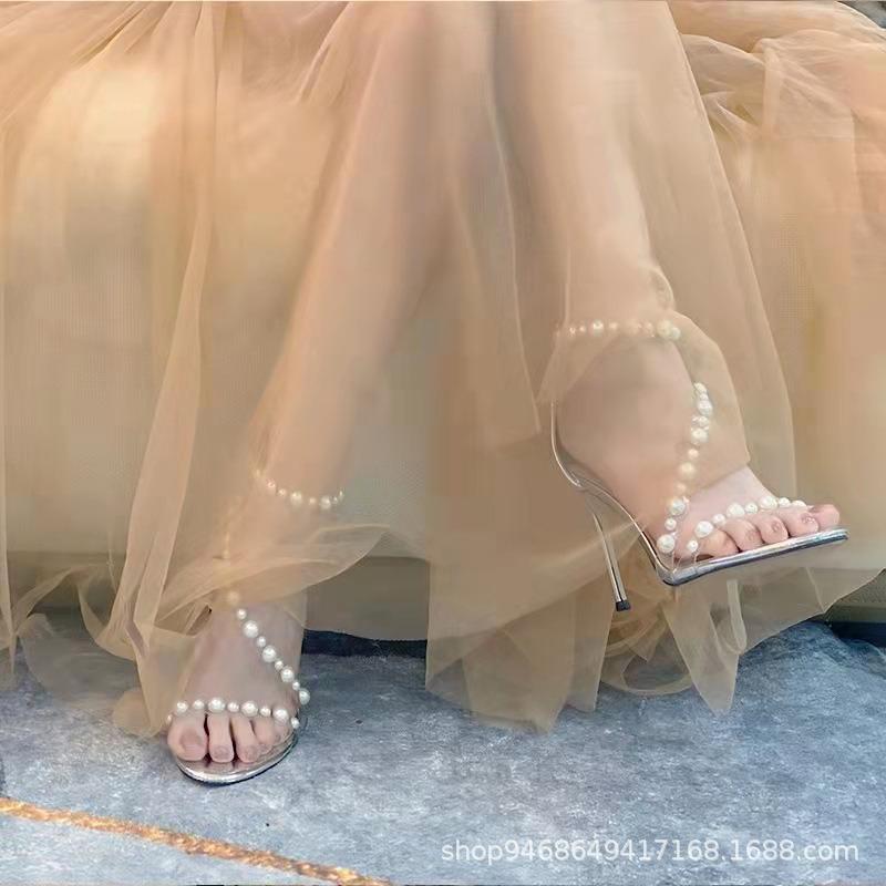 

New design sense niche transparent pearl one-word sandals women s stiletto high heels 40