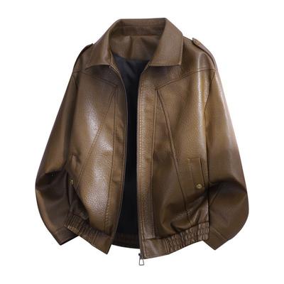 Mens Vintage Leather Jacket Casual Outerwear Loose Fit Stand Collar Retro Style