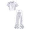 Kids Girls Shiny Sequins Party Sets Round Neckline Crop Top with Elastic Waistband Flared Pants for Dance Stage Performance