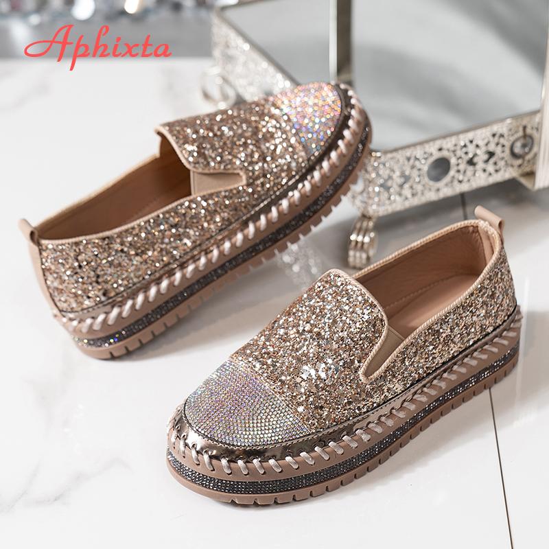 Fashion Aphixta Luxury Crystals Flats Women Slip On Red Pink Khaki Women Sexy Platform Casual Women Shoes Flats Female Rhinestone Loafer