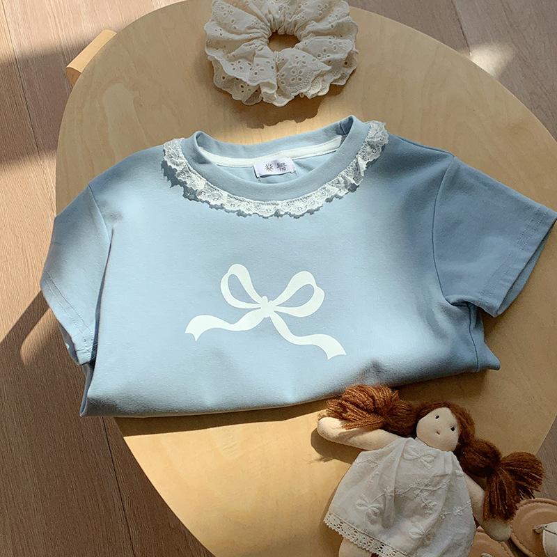 Girls Casual Cotton Short-sleeved T-shirt For Summer, Cute Little Bow T-shirt For Children 100cm