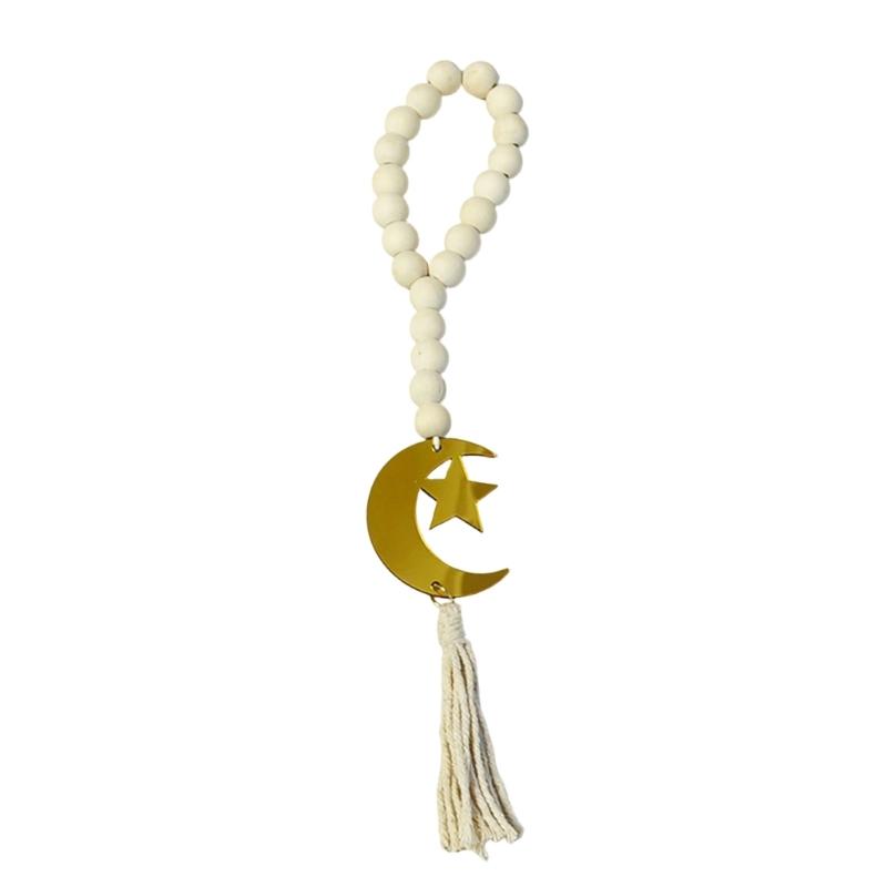 Ramadans Wood Beaded Garlands Acrylic Moon Pendant Wall Hanging Ornament with Tassels For Islamic Festives Home Decorations