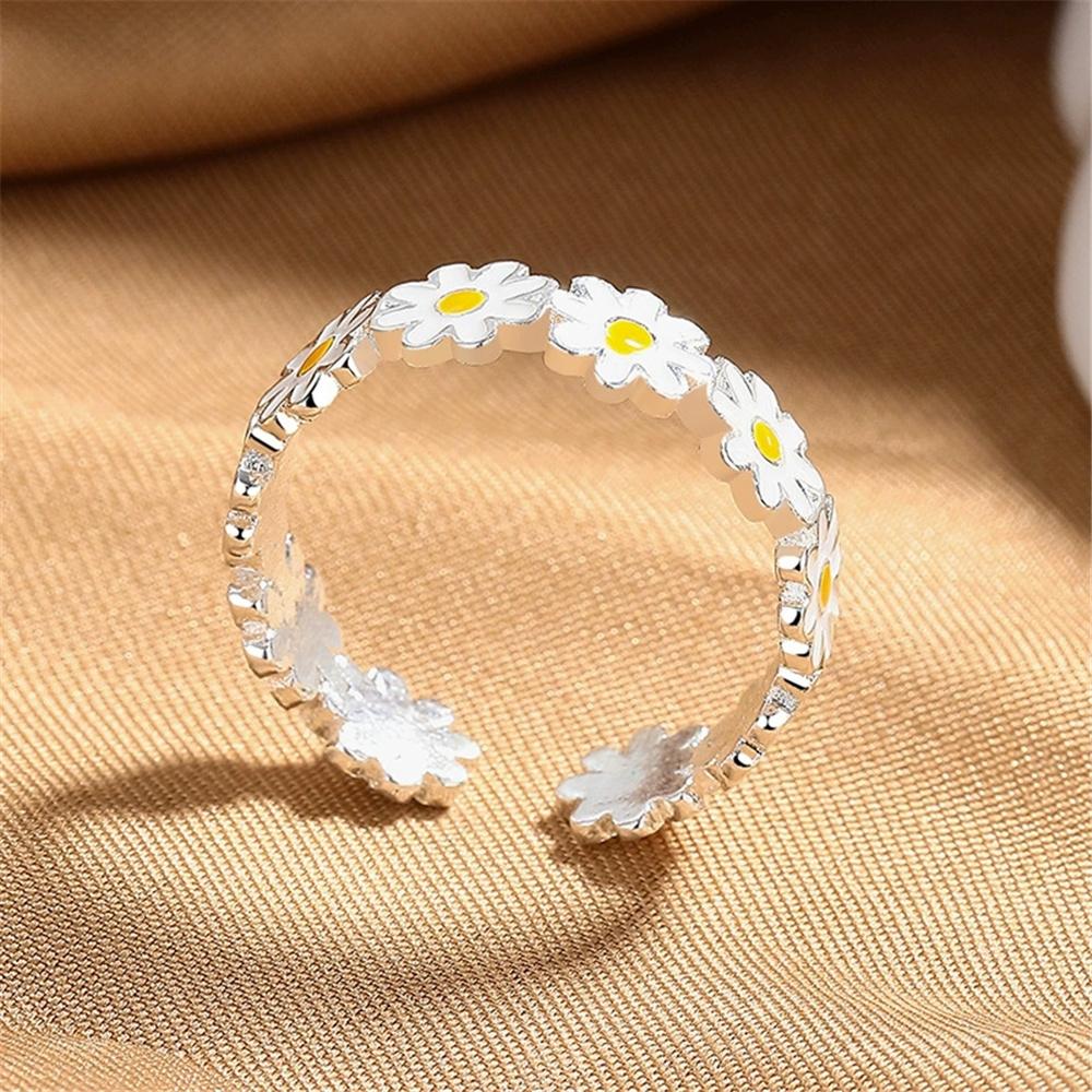 Charm Female White Enamel Flower Silver Color Wedding Rings Promise Open Adjustable Engagement For Women