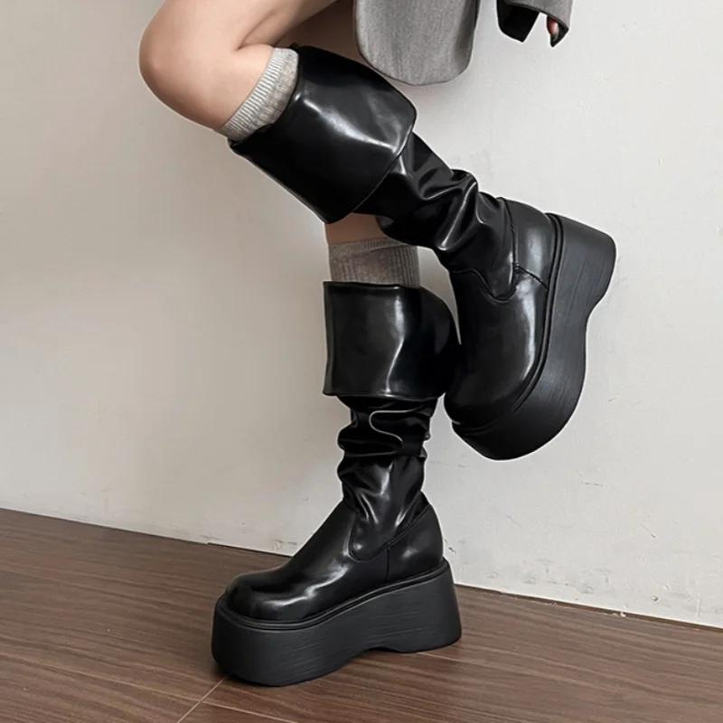 Móda Platformní baleríny Dámské Nad koleno Sněhové vysoké boty Značka Fad Boty na vysokém podpatku Zima 2025 Trend Goth Kožené boty Botas Mujer