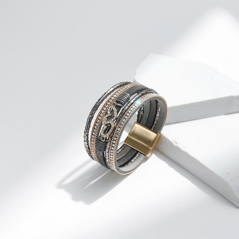 Bohem Kalp Aksesuarları Çok Katmanlı Deri Kadın Bilekliği Klasik Mıknatıslı Tokalı Bilezik