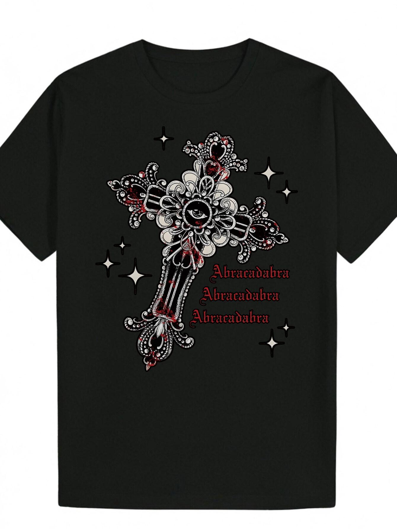 Crew Neck Polyester T-shirt with Intricate Cross and Star Design - Black M