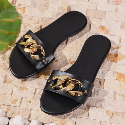 Fashion 2025 New Fashion Women Slippers Square Toe Chain Slippers Flat Beach Sandals  Metal Decoration Casual Shoes Home Slides Women