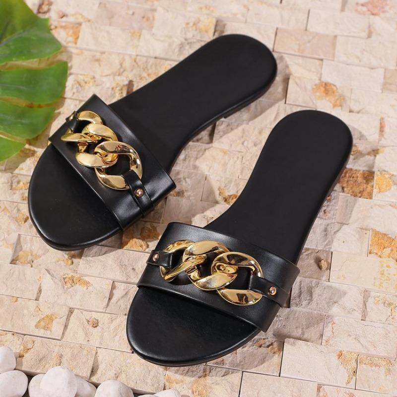 Fashion 2025 New Fashion Women Slippers Square Toe Chain Slippers Flat Beach Sandals Metal Decoration Casual Shoes Home Slides Women