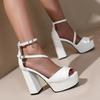 FOREADA Women Pumps Platform Thick High Heels Peep Toe Ankle Strap Crystal Buckle Party Sexy Spring Autumn Shoes Black White
