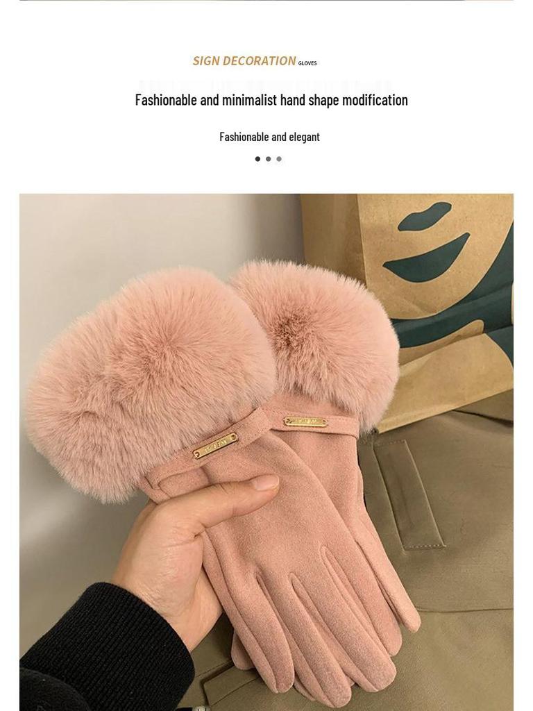 Damen Samt Kunstkaninchenfell Touchscreen Fahrradhandschuhe - Winddicht, Warm, Fleecegefüttert für Herbst & Winter