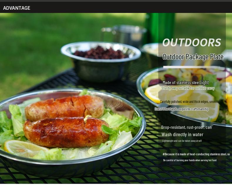 17-Piece Stainless Steel Outdoor Dinnerware Set: Portable BBQ and Camping Cutlery with Plates, Bowls, and Soup Basin.