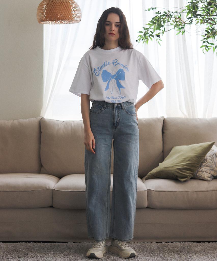BONIEE Ribbon Graphic Loose Oversized T-Shirt White