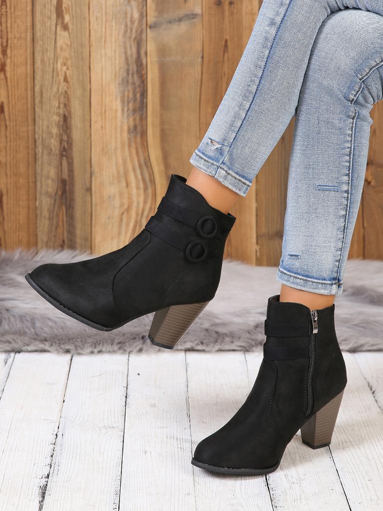 Fashion The 2025 autumn new style of fashionable suede belt buckle high-heeled bare boots with women's side zipper