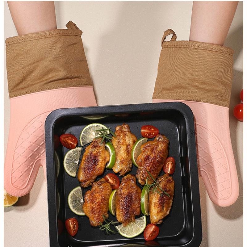 Silicone Heat-resistant Oven Gloves High-temperature Microwave-safe Anti-scald Gloves Cotton-lined Diamond-patterned Baking Oven Mitts