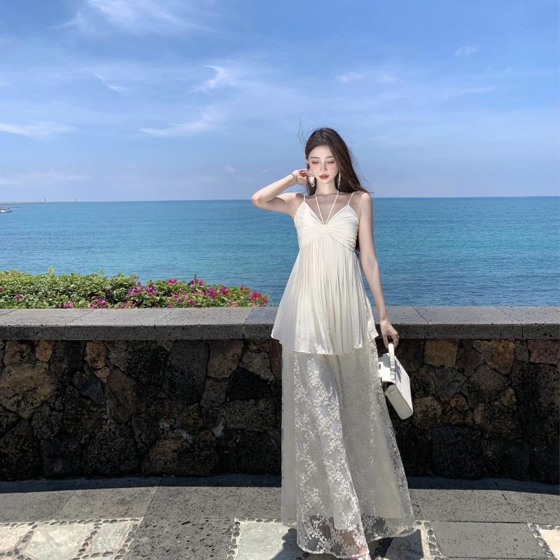 French Collar Chiffon Suspender Skirt Set Women's Summer Beautiful Beach Vacation Mesh Embroidered Word Dress